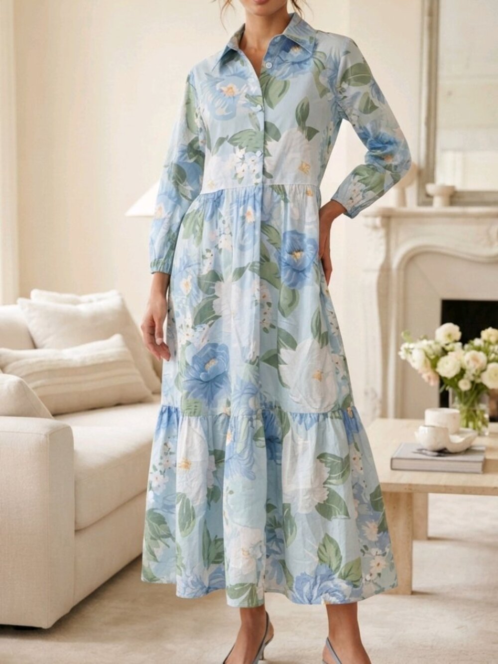New Collection Floral Cotton Midi Shirt Dress Blue Green Size M